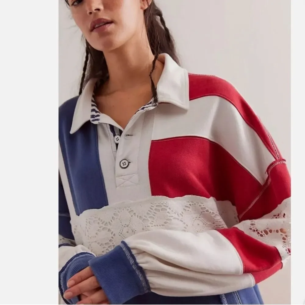 Free People We The Free American Dream Polo Pullover Top Striped